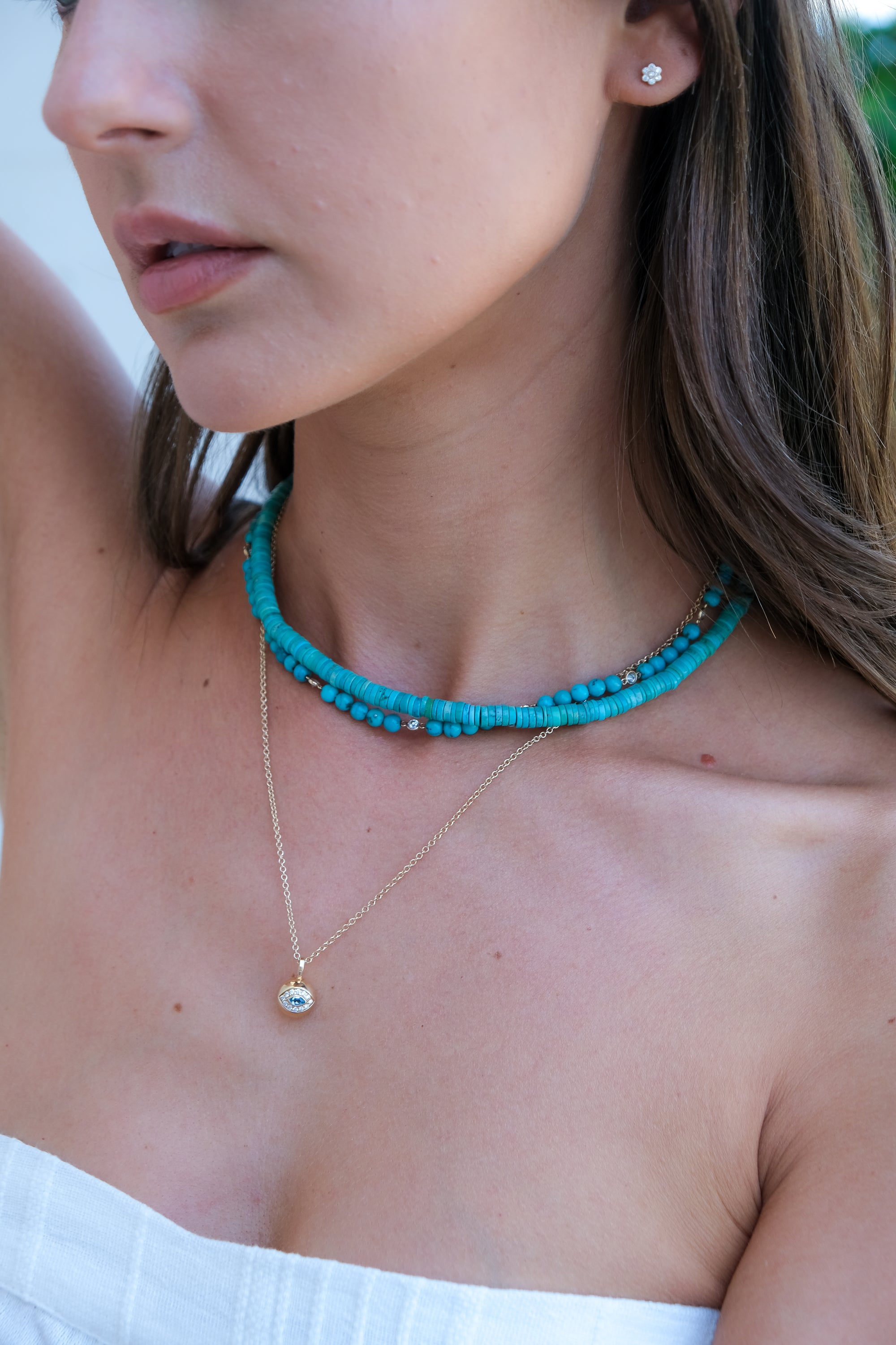 Turquoise and Round Cut Diamond Necklace