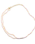 14k Gold and Pearl Asymmetrical Enamel LOVE Necklace with Pink Silk Knotting