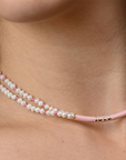 14k Gold and Pearl Asymmetrical Enamel LOVE Necklace with Pink Silk Knotting