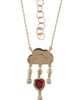 Gold Cloud Rain Charm Necklace with Diamonds and Ruby Heart
