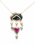 Gold Cloud Rain Charm Necklace with Diamonds and Ruby Heart