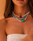 Asymmetrical Pearl Necklace with Turquoise and Pink Tourmaline