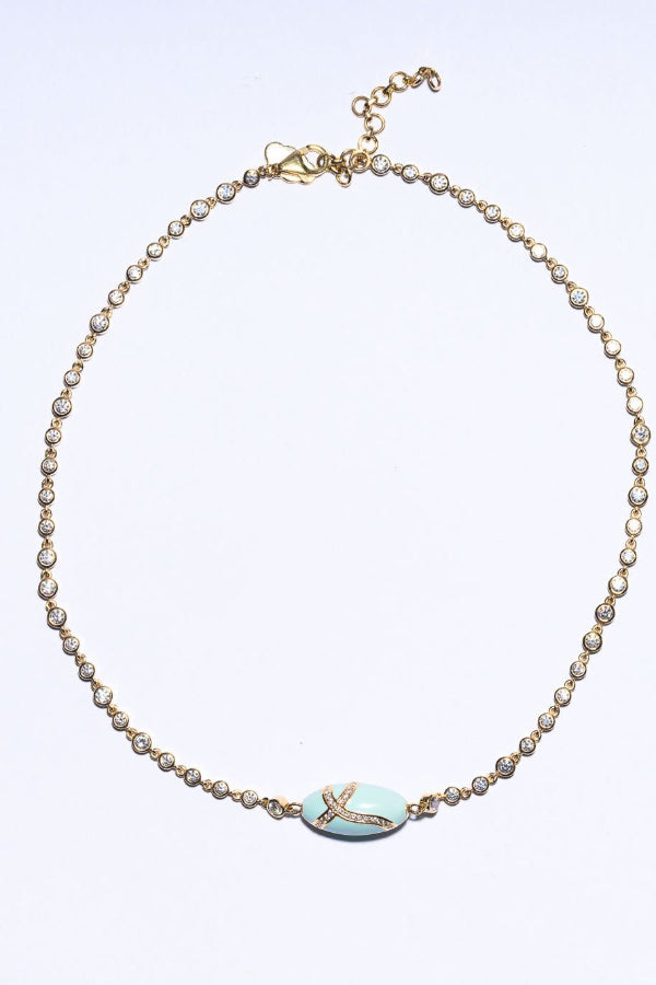 Pale Turquoise Enamel Diamond-Encrusted Egg Necklace/Choker