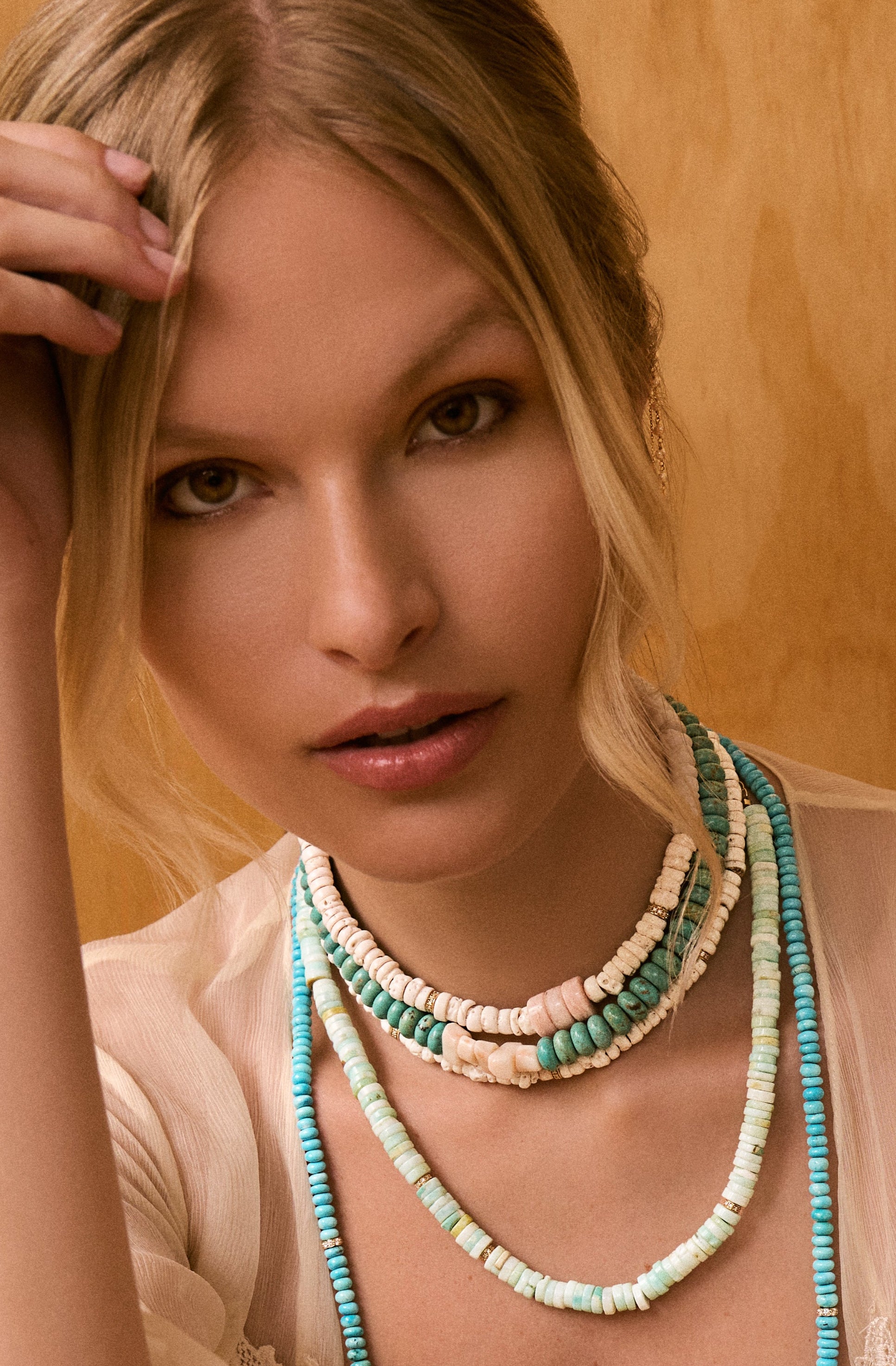 Sea Light Peruvian Opal Heishi Bead and Diamond Necklace