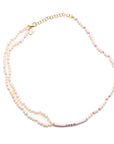 14k Gold and Pearl Asymmetrical Enamel LOVE Necklace with Pink Silk Knotting