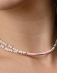 14k Gold and Pearl Asymmetrical Enamel LOVE Necklace with Pink Silk Knotting