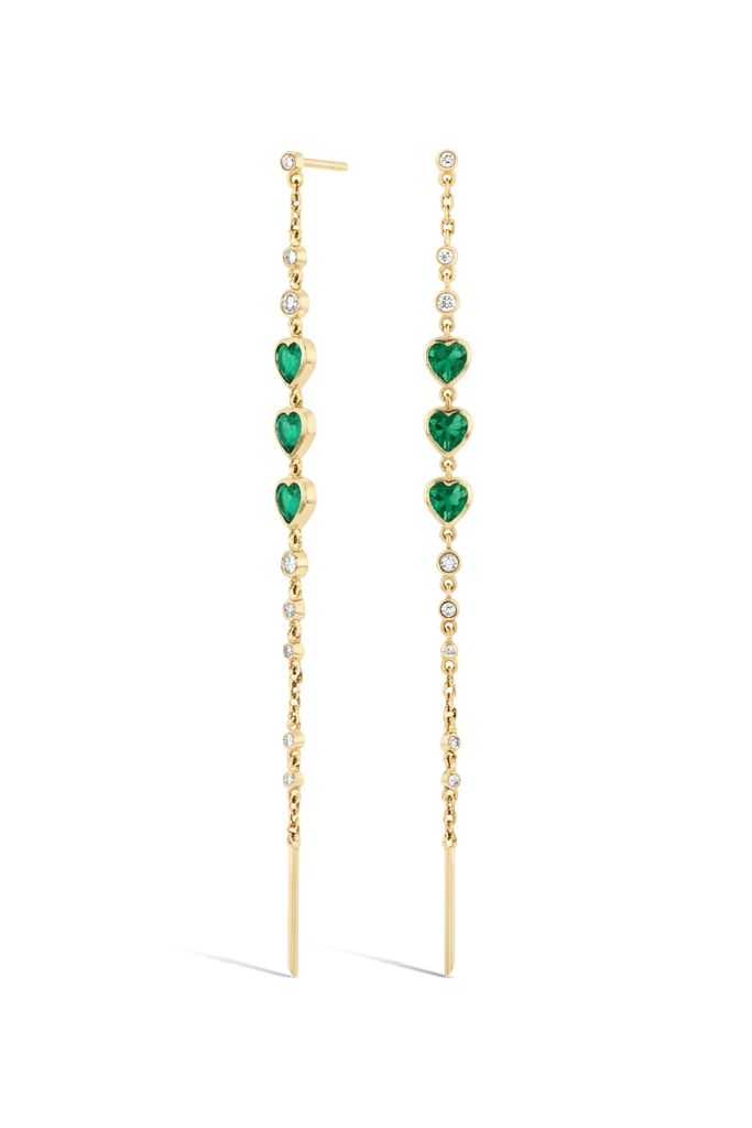 Triple Threat Long Emerald Heart Earrings