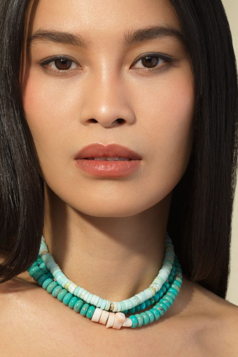 Sea Light Peruvian Opal Heishi Bead and Diamond Necklace