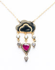 Gold Cloud Rain Charm Necklace with Diamonds and Ruby Heart